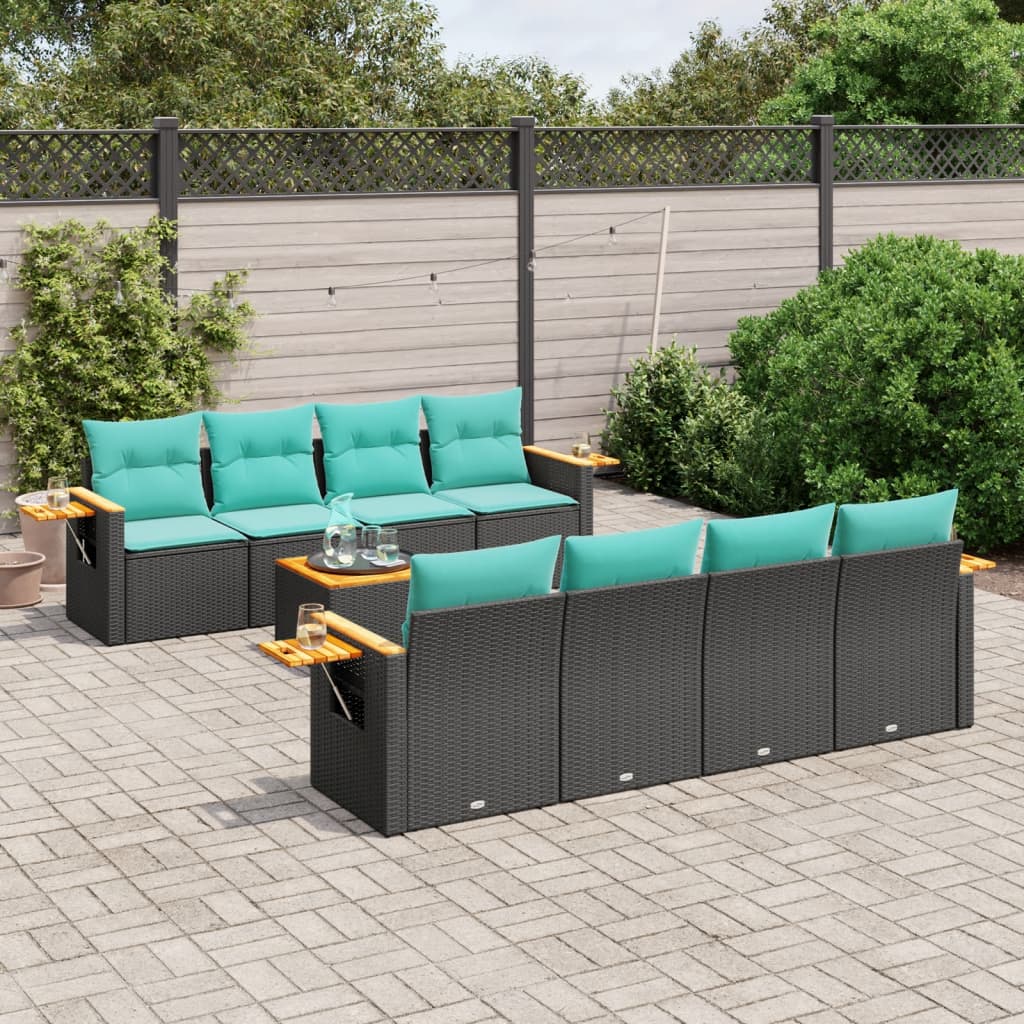 Salon de jardin 9 pcs avec coussins noir résine tressée