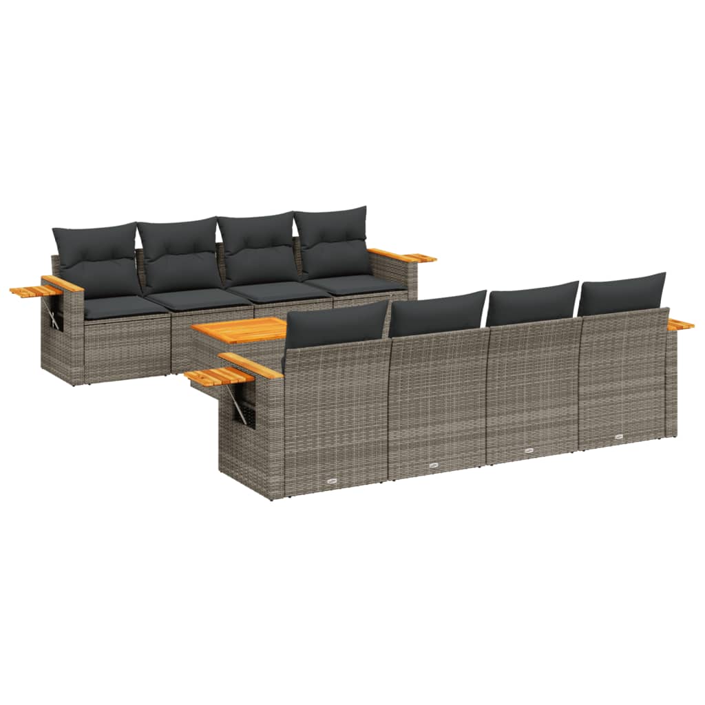 Salon de jardin 9 pcs avec coussins gris résine tressée