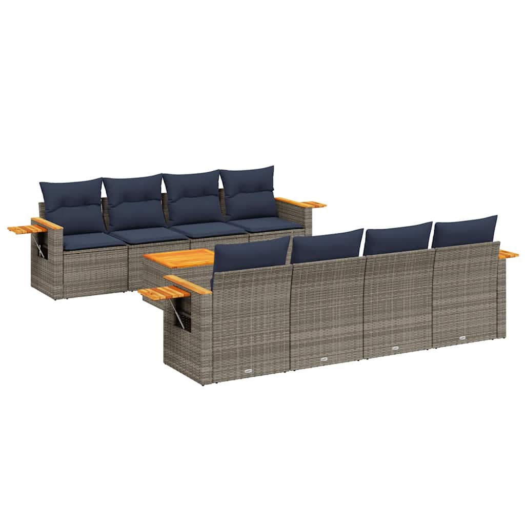 Salon de jardin 9 pcs avec coussins gris résine tressée