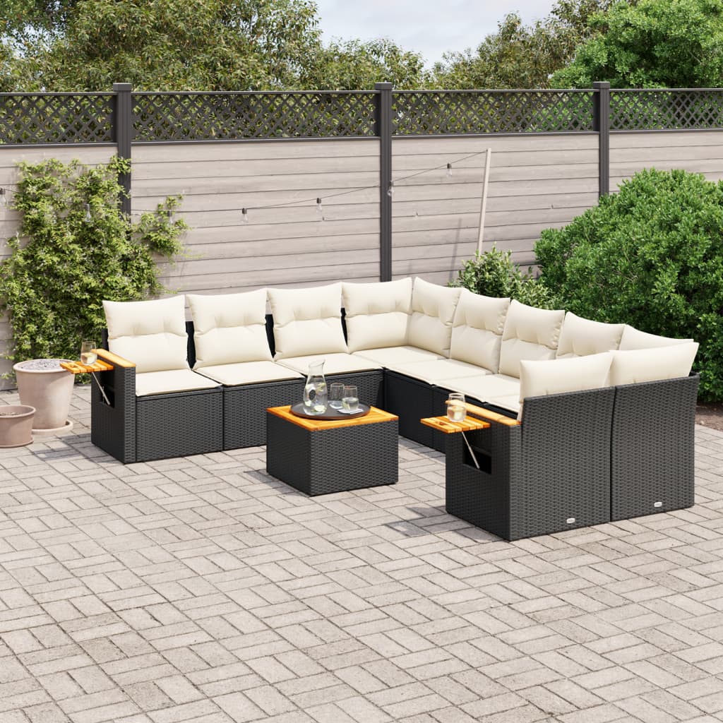Salon de jardin 9 pcs avec coussins noir résine tressée