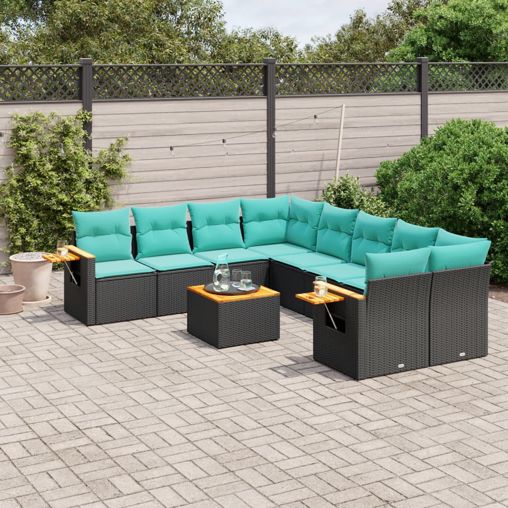 Salon de jardin 9 pcs avec coussins noir résine tressée