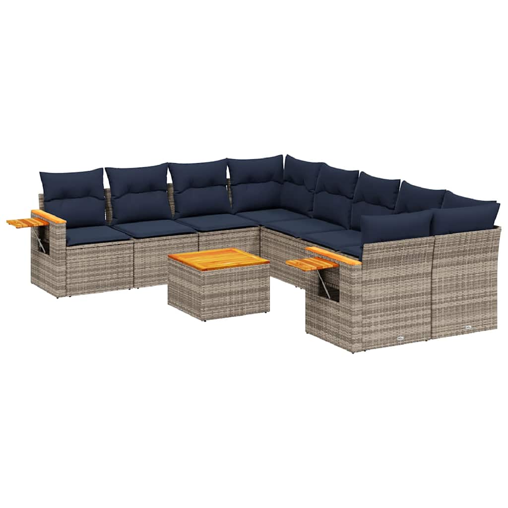 Salon de jardin 9 pcs avec coussins gris résine tressée