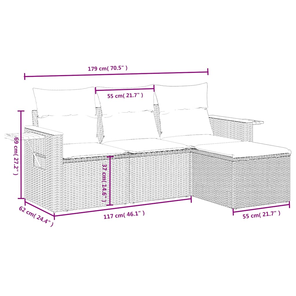 Salon de jardin 4 pcs avec coussins gris résine tressée