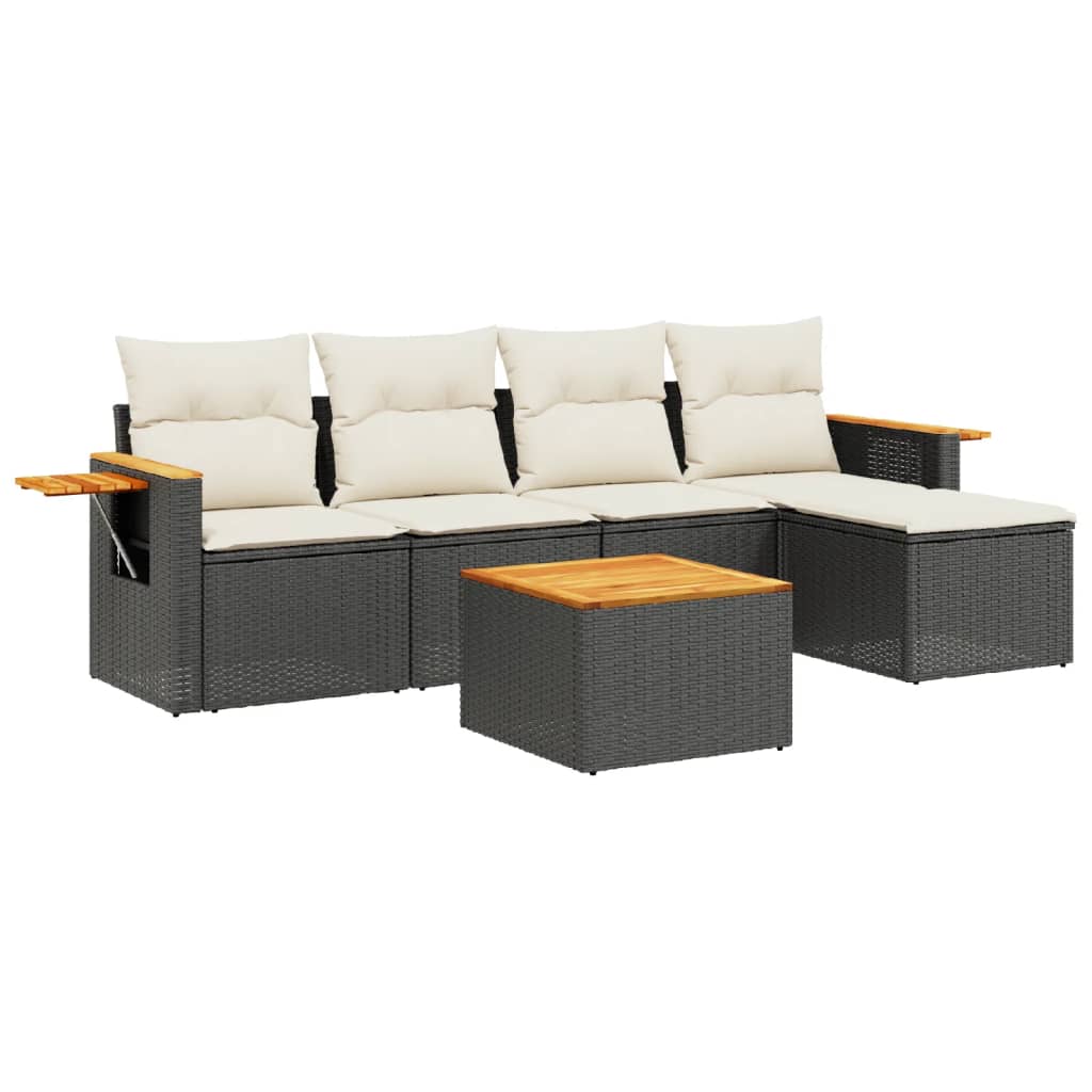 Salon de jardin 6 pcs avec coussins noir résine tressée
