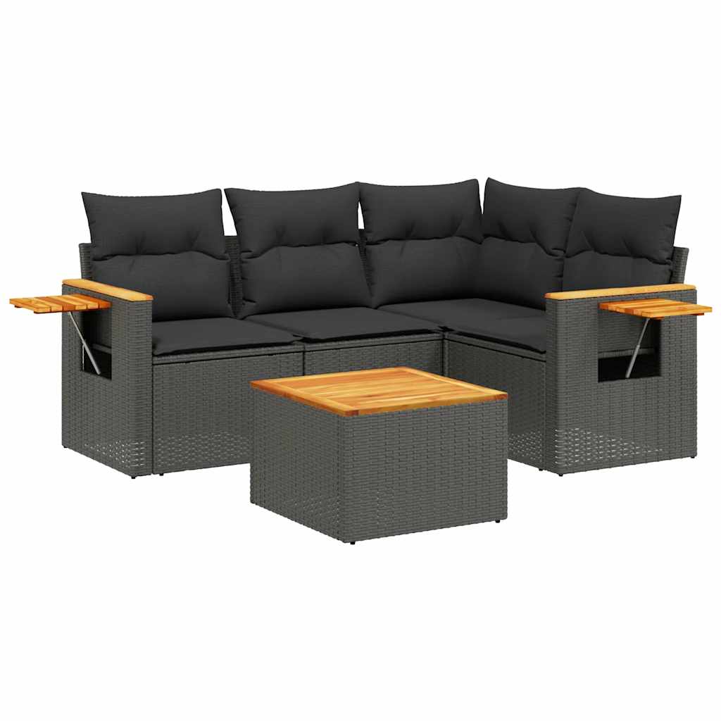 Salon de jardin 5 pcs avec coussins noir résine tressée