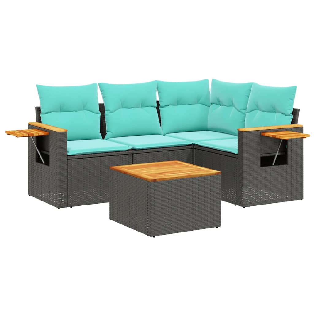 Salon de jardin 5 pcs avec coussins noir résine tressée