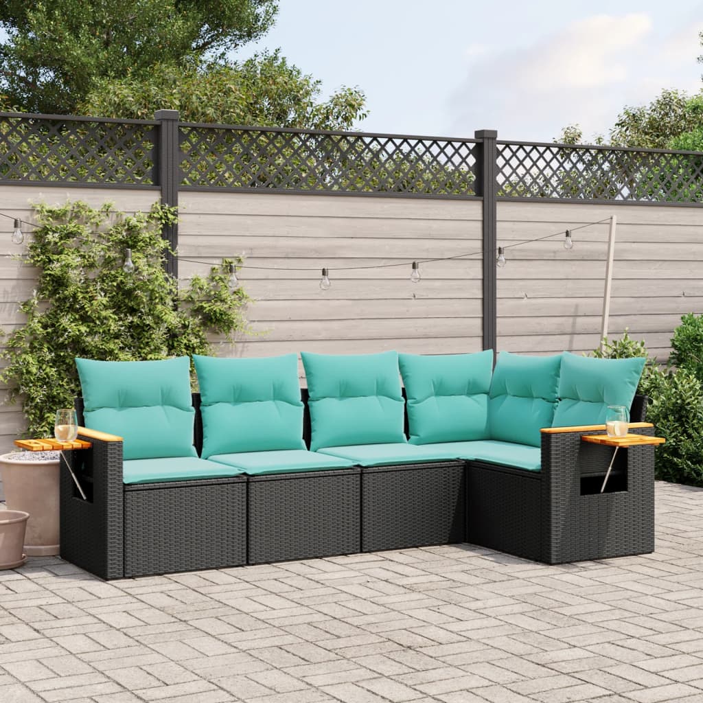 Salon de jardin 5 pcs avec coussins noir résine tressée