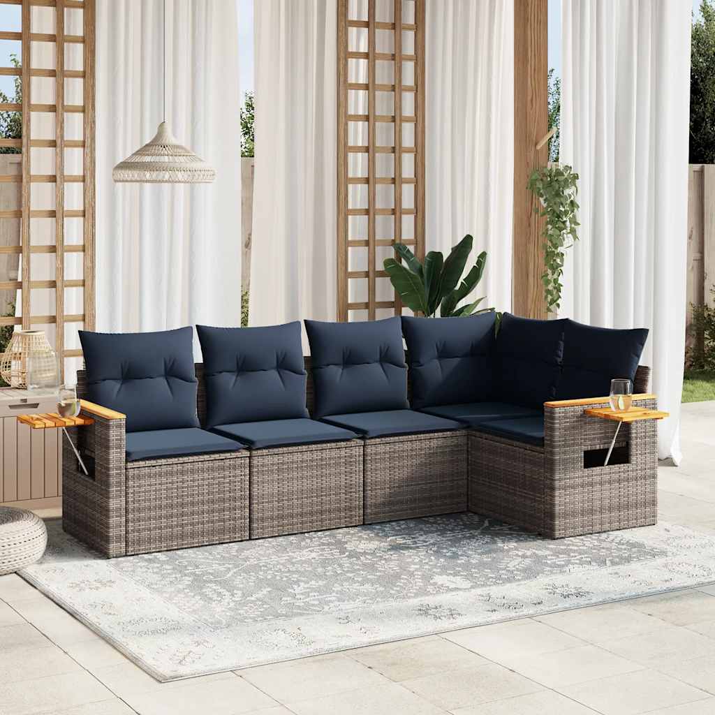 Salon de jardin 5 pcs avec coussins gris résine tressée