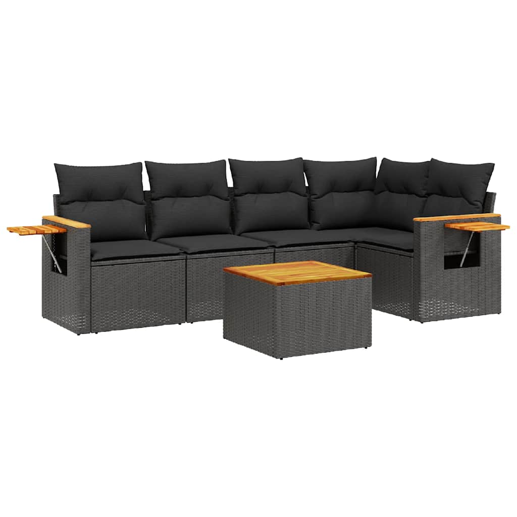 Salon de jardin 6 pcs avec coussins noir résine tressée