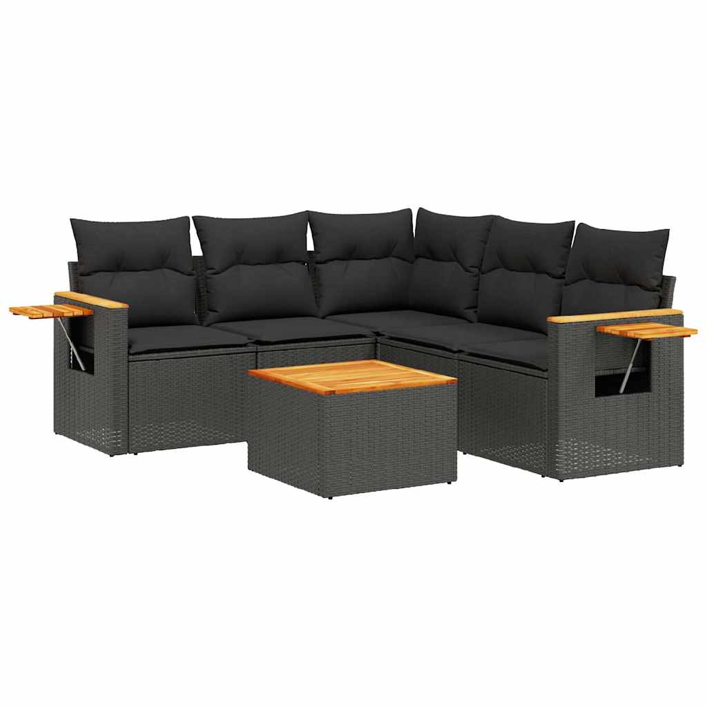 Salon de jardin 6 pcs avec coussins noir résine tressée