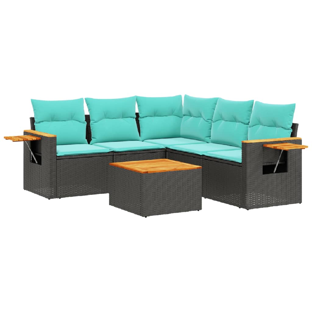 Salon de jardin 6 pcs avec coussins noir résine tressée