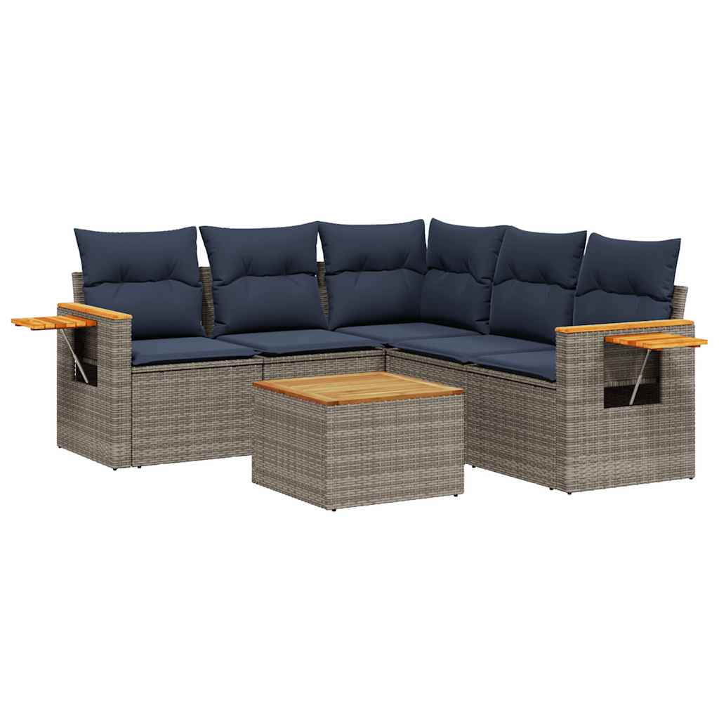 Salon de jardin 6 pcs avec coussins gris résine tressée
