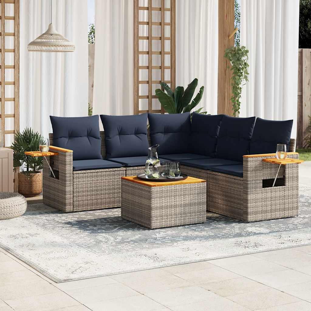 Salon de jardin 6 pcs avec coussins gris résine tressée