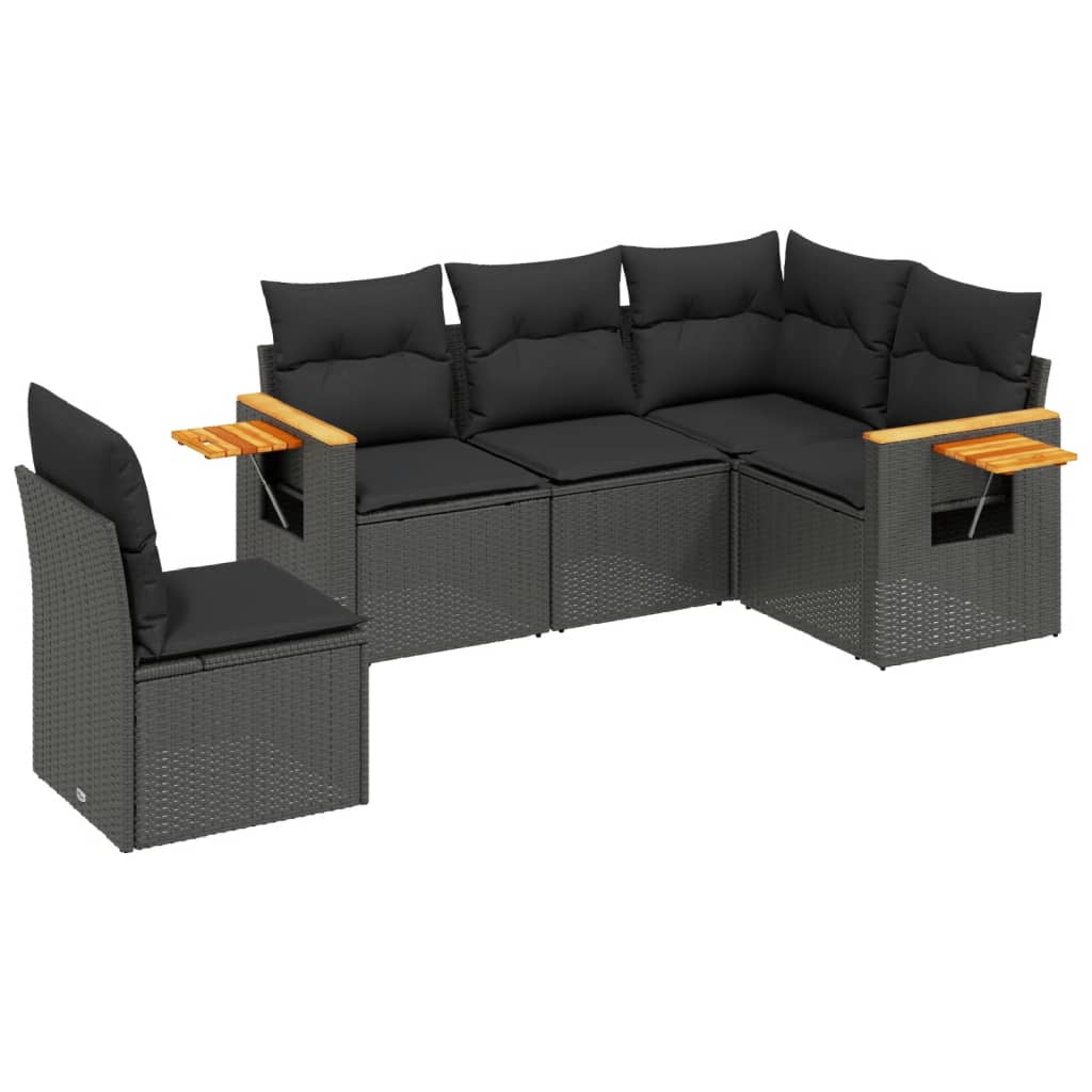 Salon de jardin 5 pcs avec coussins noir résine tressée