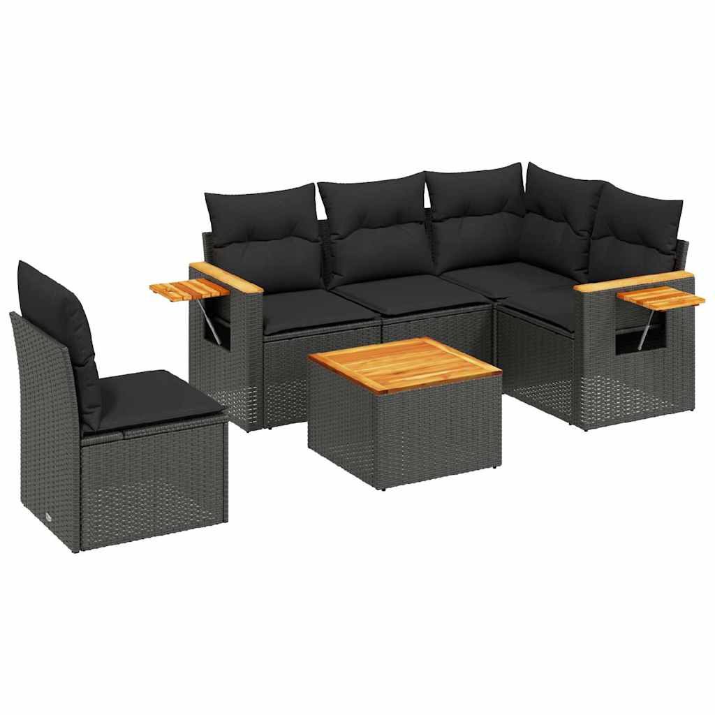 Salon de jardin 6 pcs avec coussins noir résine tressée