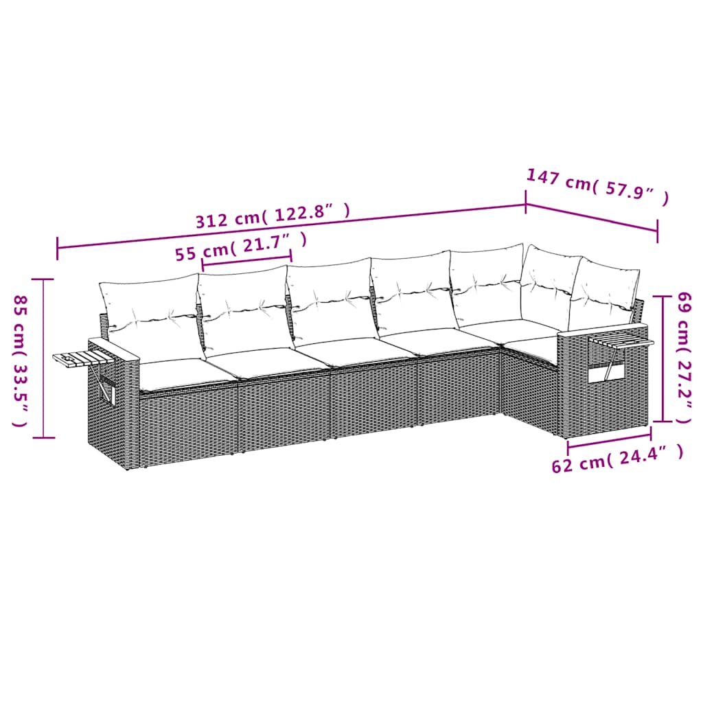 Salon de jardin 6 pcs avec coussins noir résine tressée