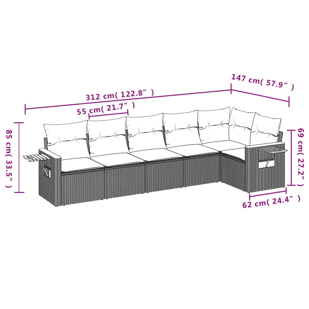 Salon de jardin 6 pcs avec coussins noir résine tressée