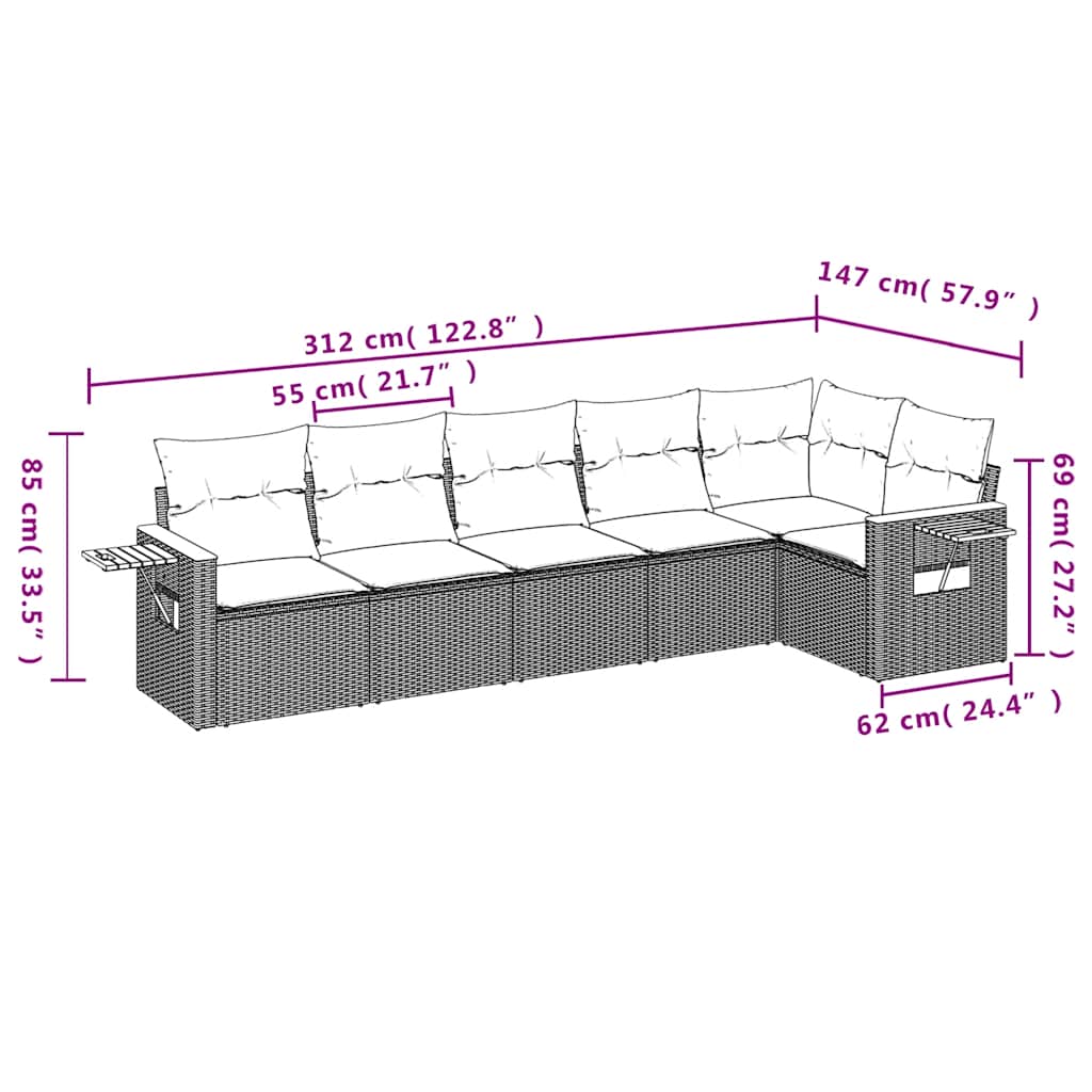 Salon de jardin 6 pcs avec coussins gris résine tressée