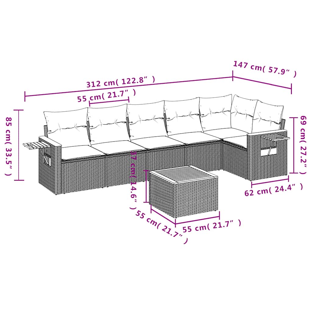 Salon de jardin 7 pcs avec coussins gris résine tressée