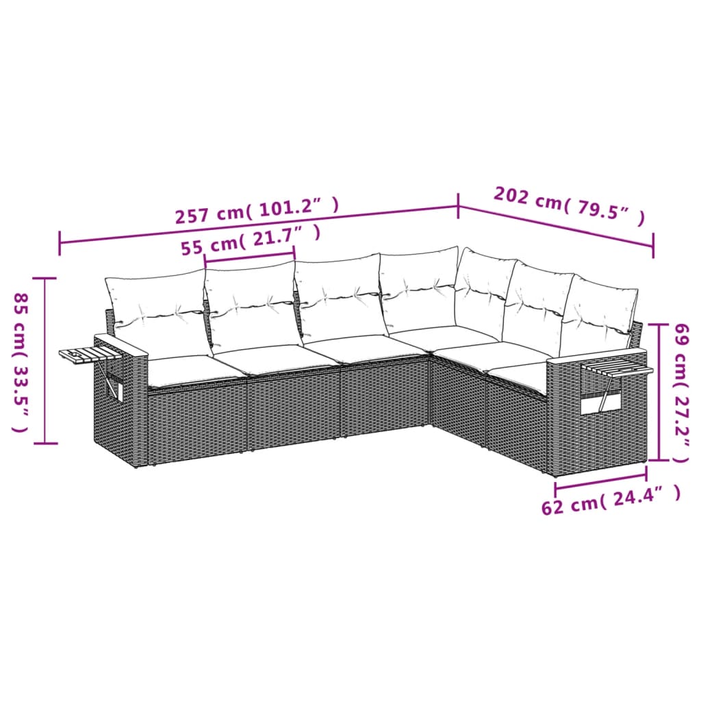 Salon de jardin 6 pcs avec coussins gris résine tressée