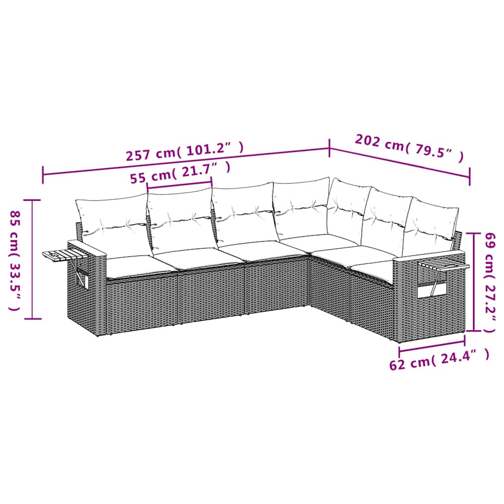 Salon de jardin 6 pcs avec coussins gris résine tressée