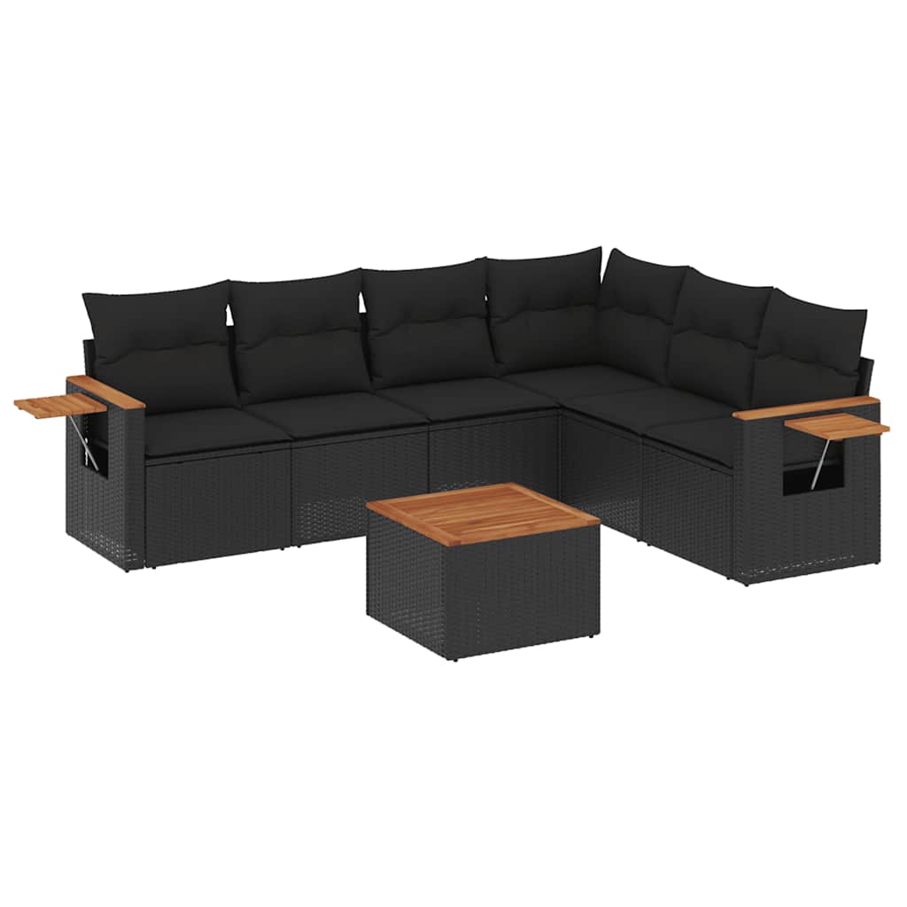 Salon de jardin 7 pcs avec coussins noir résine tressée