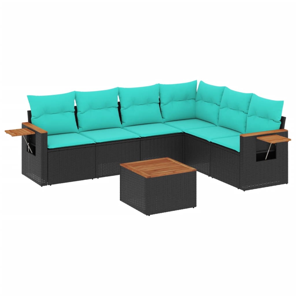Salon de jardin 7 pcs avec coussins noir résine tressée
