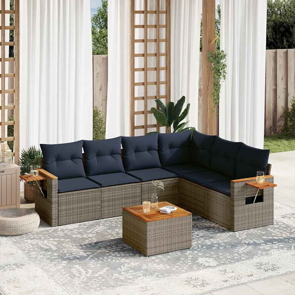 Salon de jardin 7 pcs avec coussins gris résine tressée