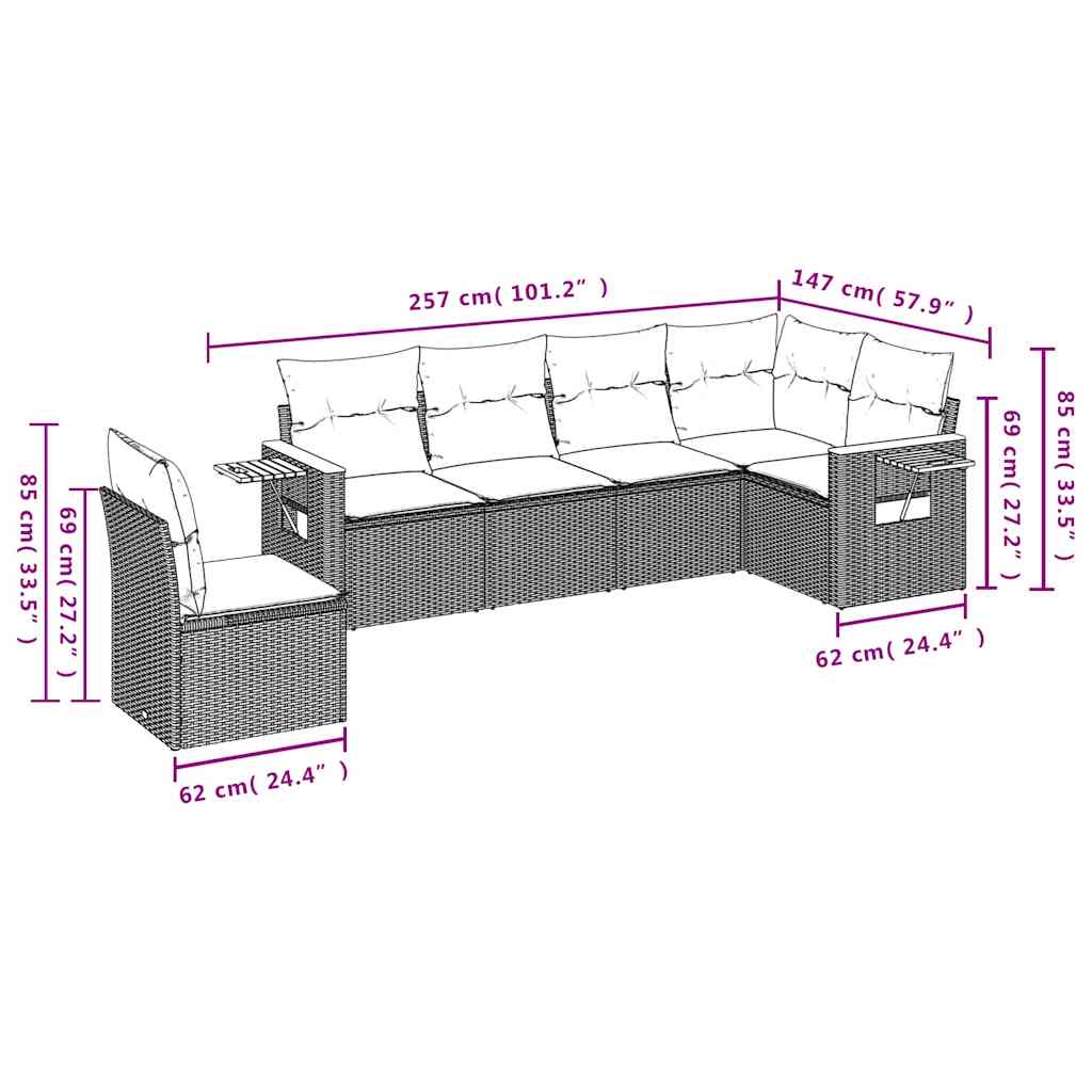 Salon de jardin 6 pcs avec coussins noir résine tressée