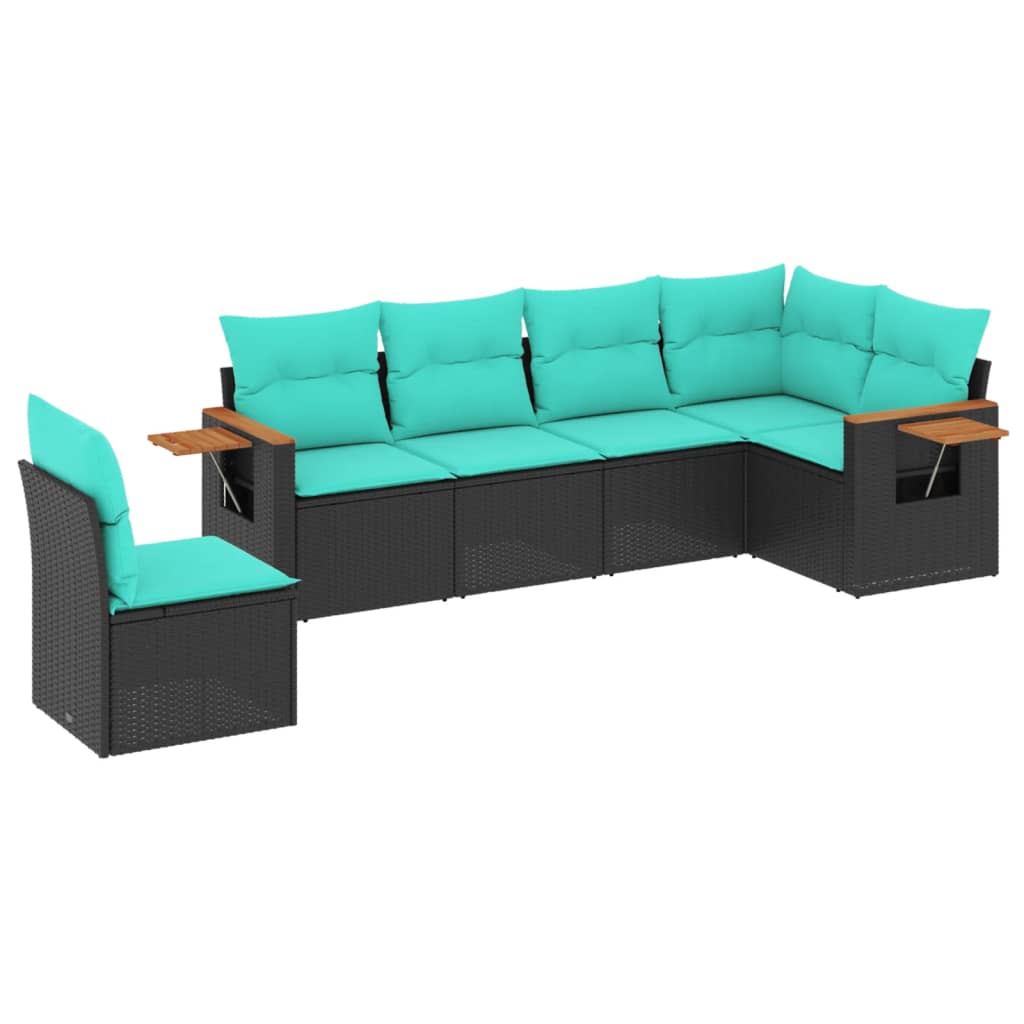 Salon de jardin 6 pcs avec coussins noir résine tressée