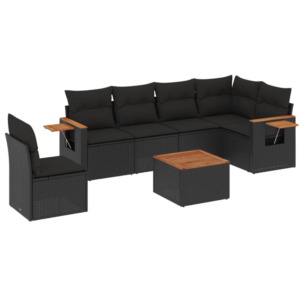 Salon de jardin 7 pcs avec coussins noir résine tressée