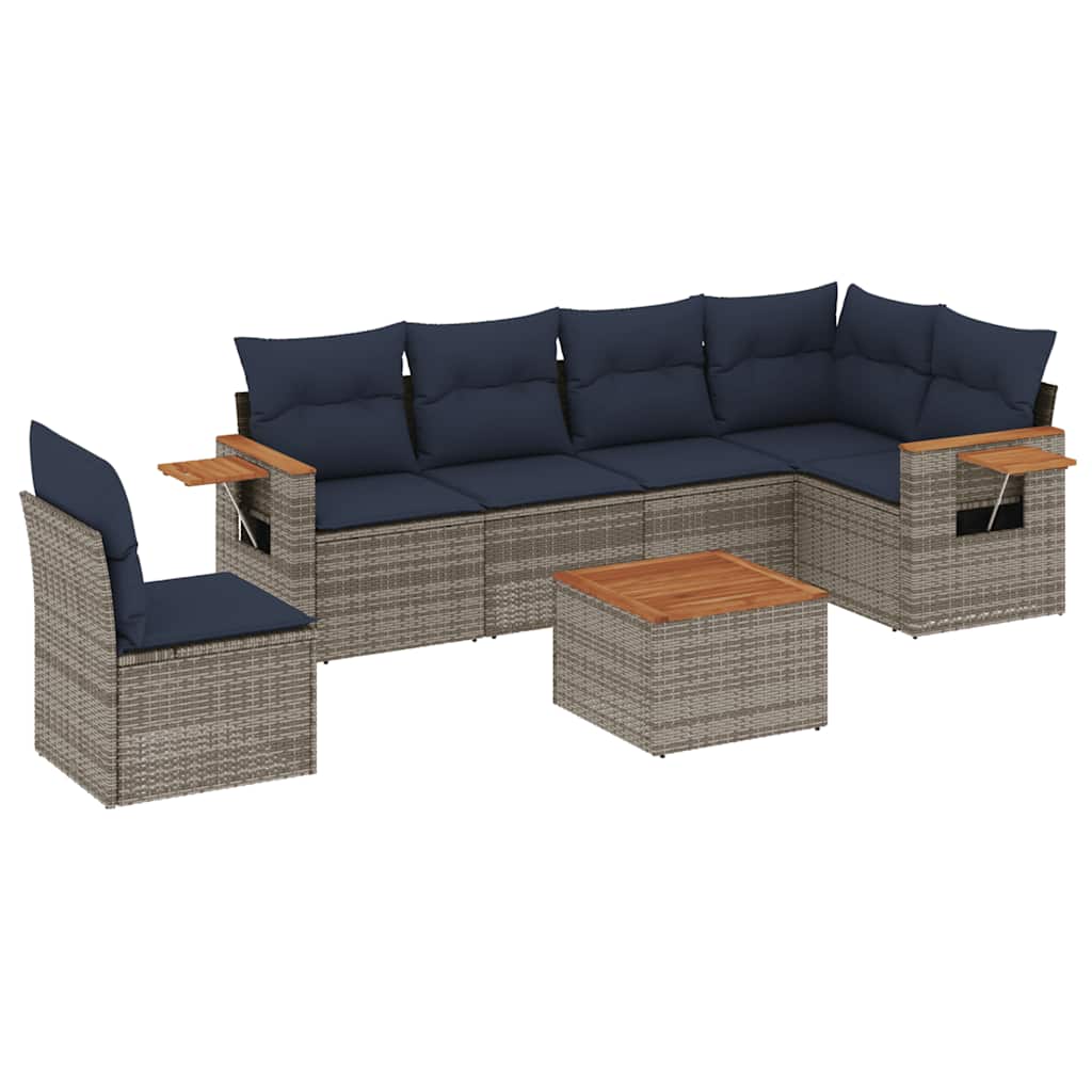 Salon de jardin 7 pcs avec coussins gris résine tressée