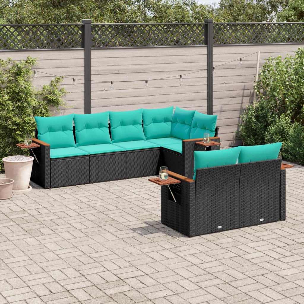 Salon de jardin 7 pcs avec coussins noir résine tressée