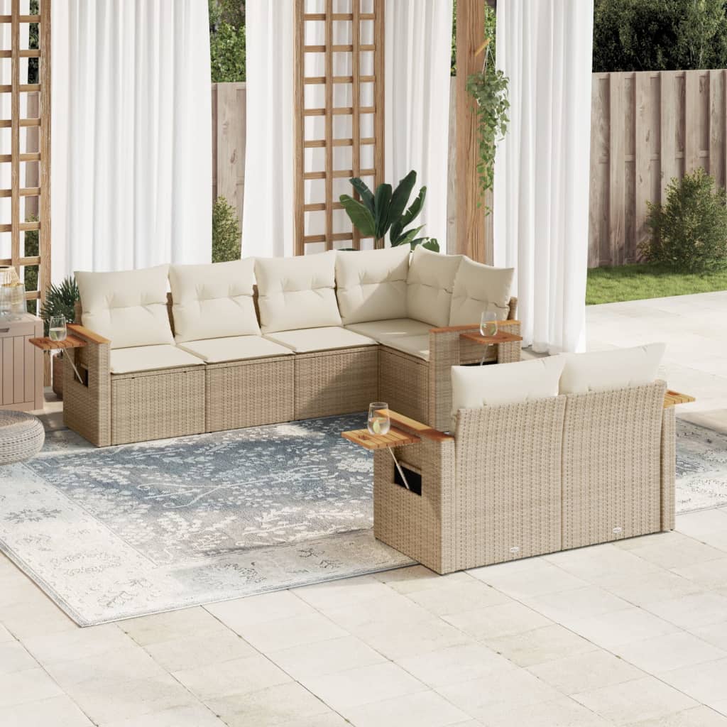 Salon de jardin avec coussins 7 pcs beige résine tressée