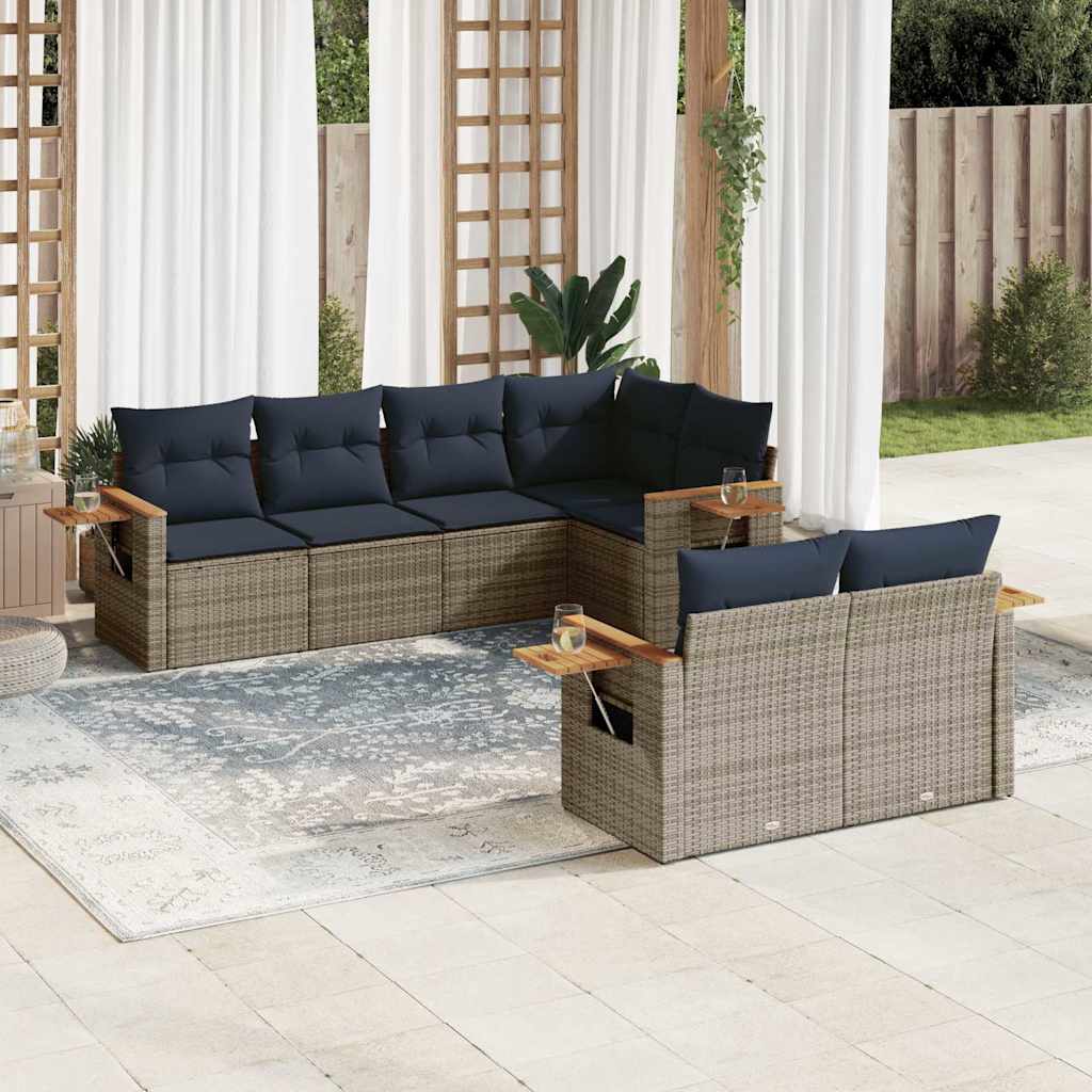 Salon de jardin 7 pcs avec coussins gris résine tressée