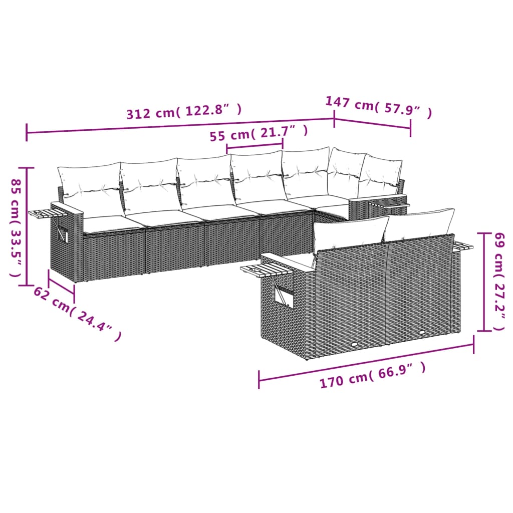 Salon de jardin avec coussins 8 pcs beige résine tressée