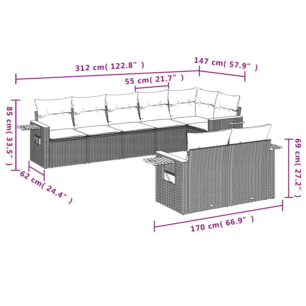 Salon de jardin 8 pcs avec coussins gris résine tressée