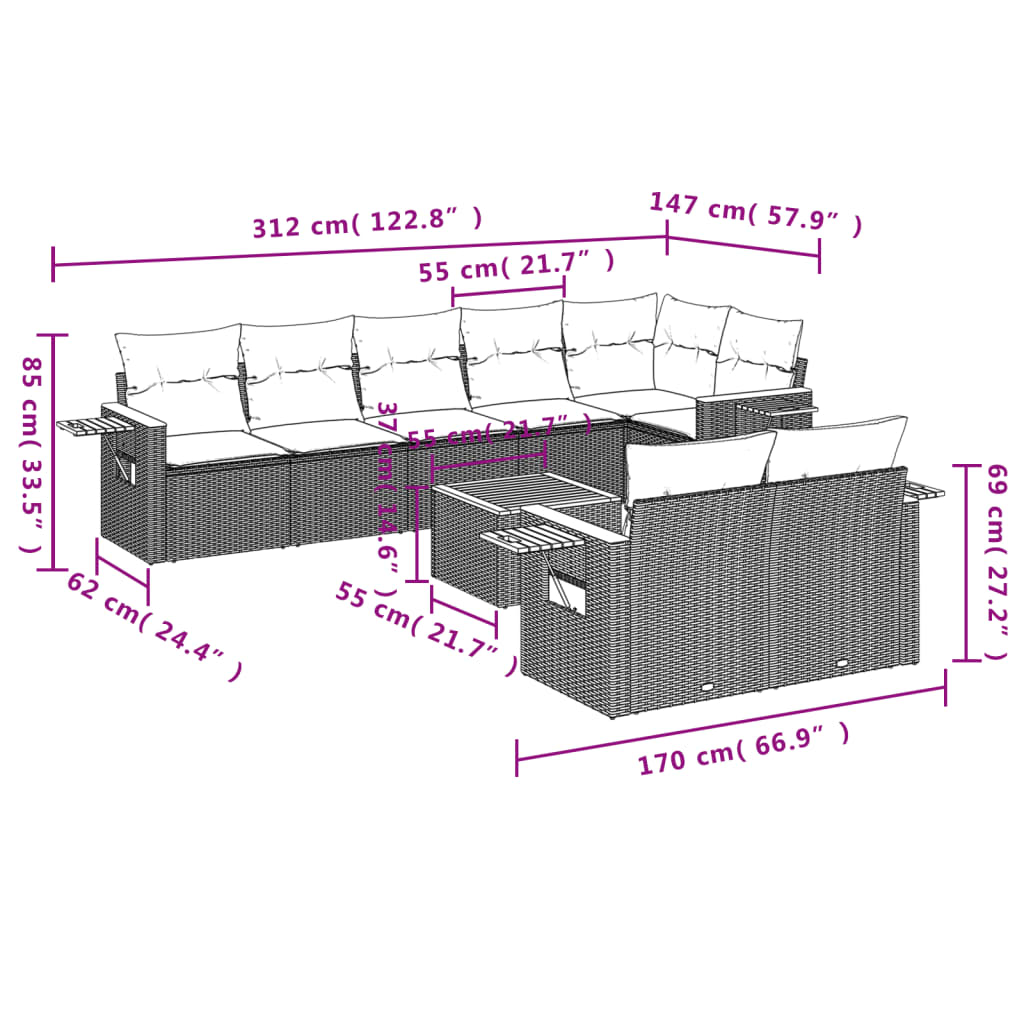 Salon de jardin avec coussins 9 pcs beige résine tressée