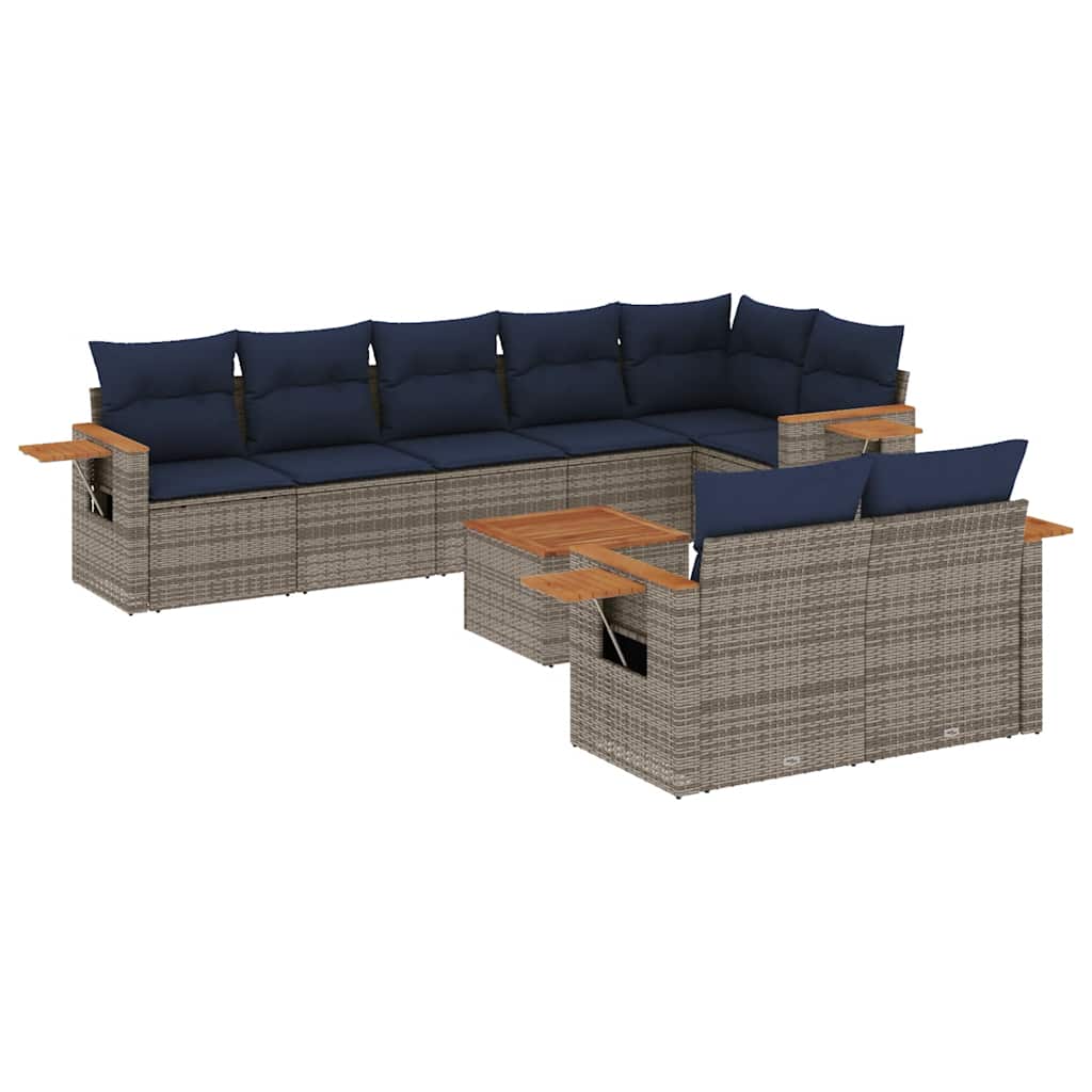 Salon de jardin 9 pcs avec coussins gris résine tressée