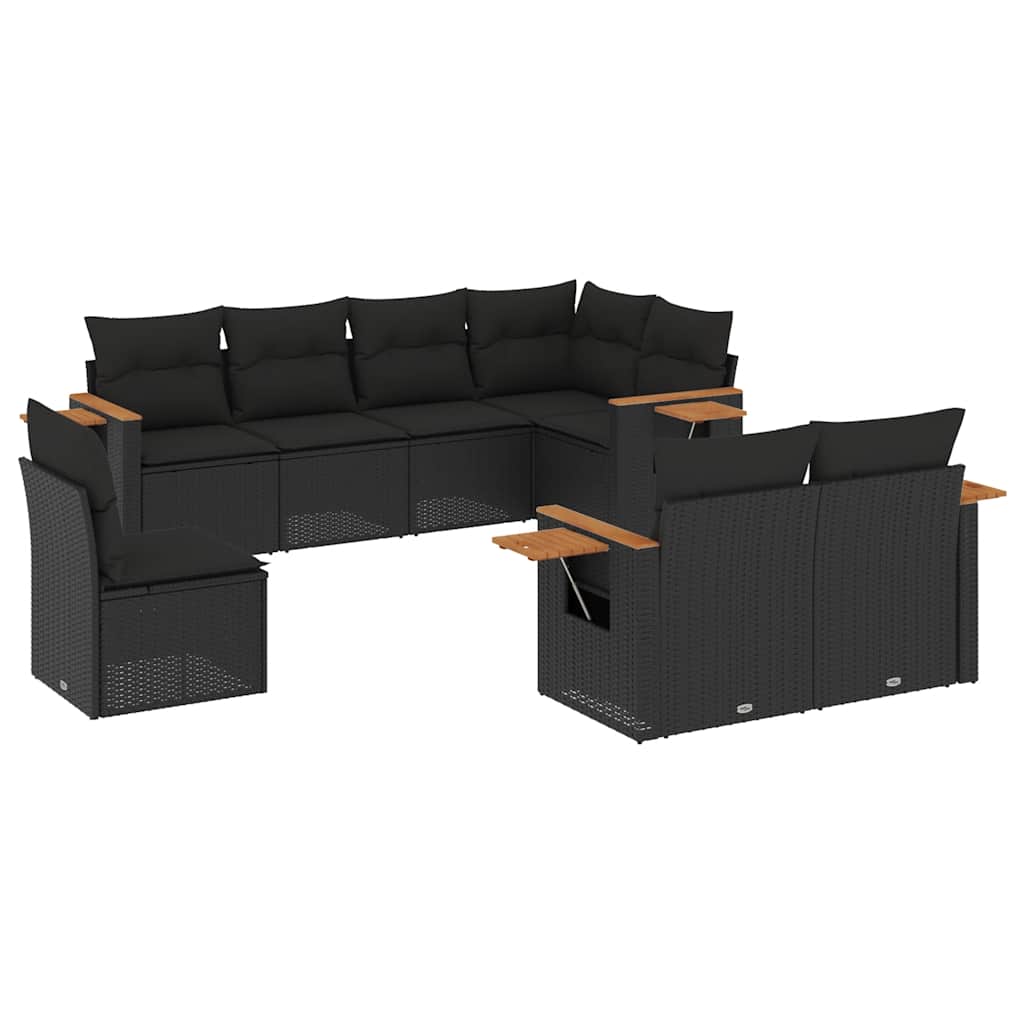 Salon de jardin 8 pcs avec coussins noir résine tressée