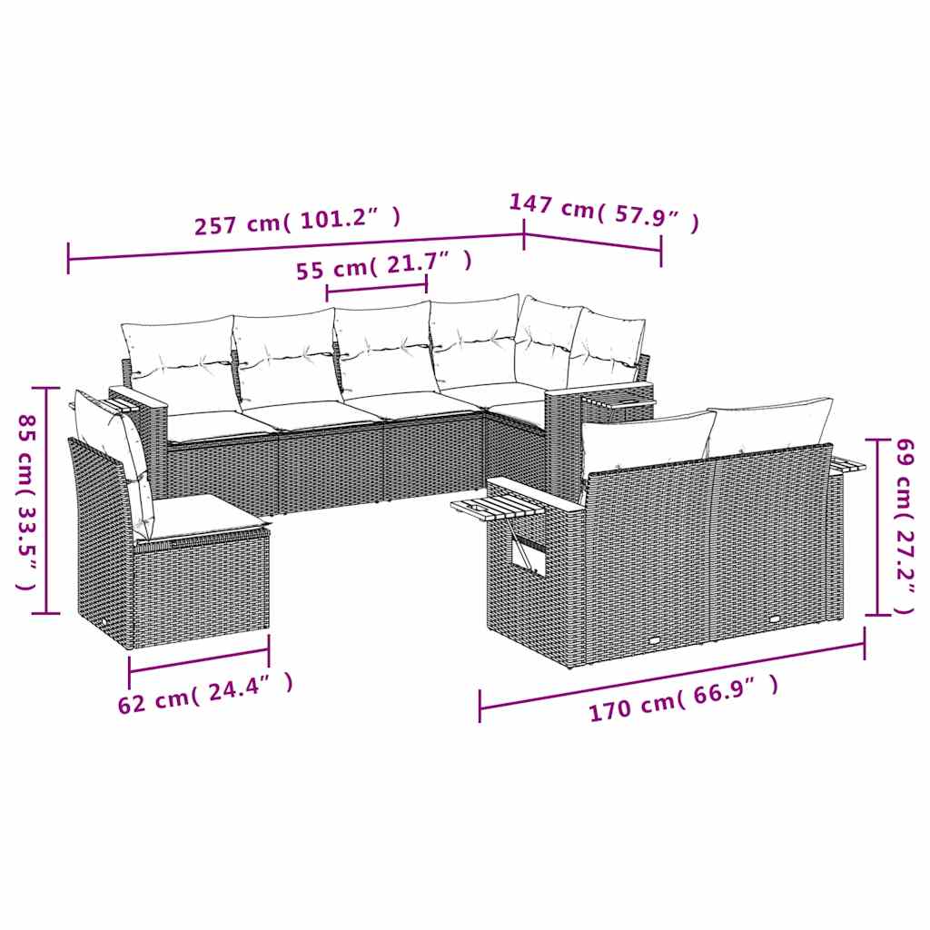 Salon de jardin 8 pcs avec coussins noir résine tressée