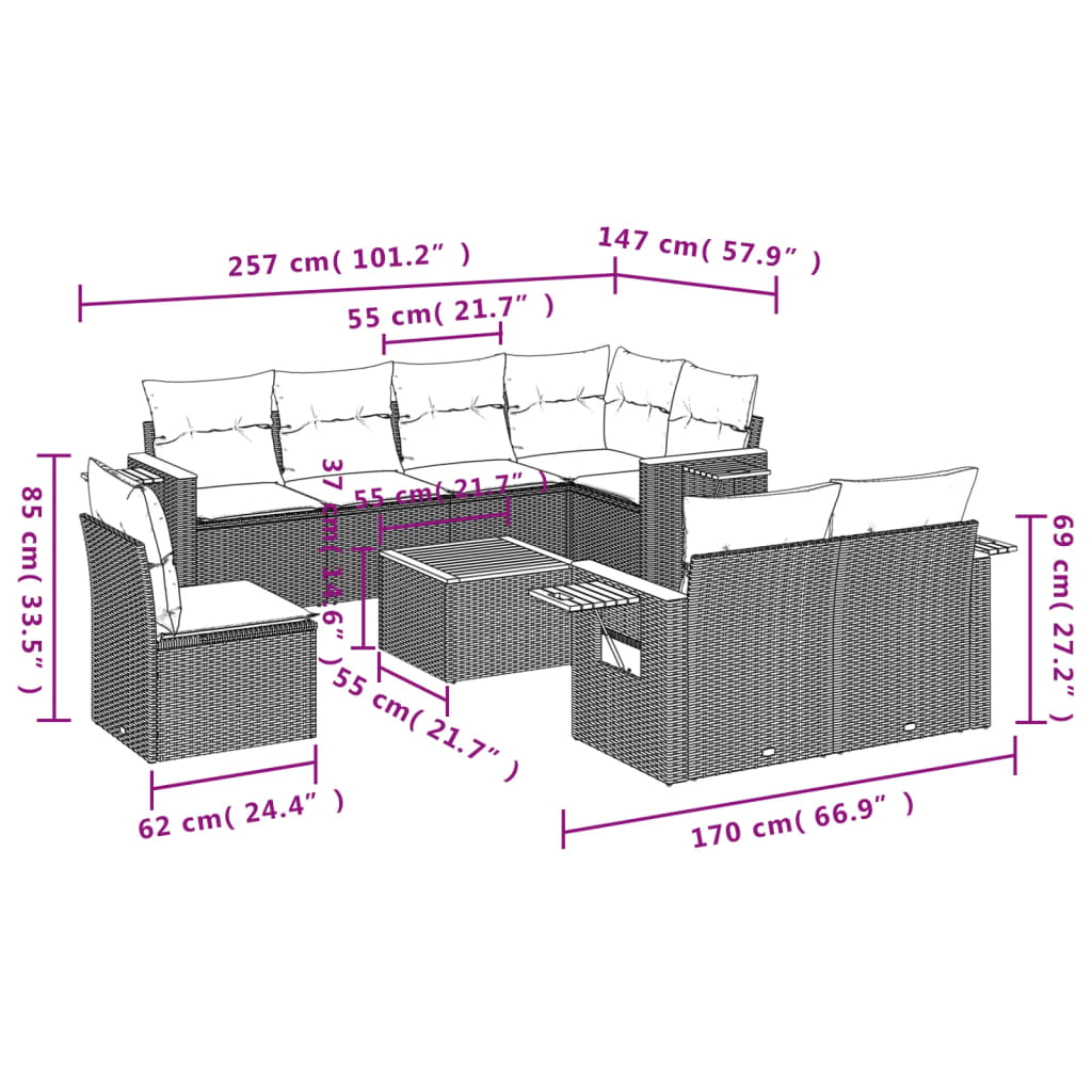 Salon de jardin avec coussins 9 pcs beige résine tressée