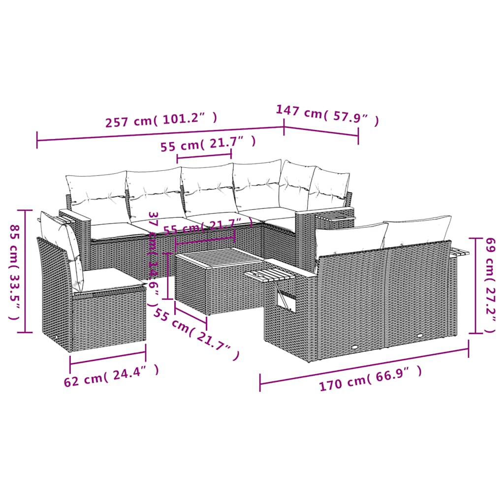 Salon de jardin 9 pcs avec coussins gris résine tressée
