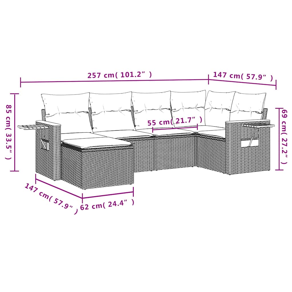 Salon de jardin 6 pcs avec coussins gris résine tressée