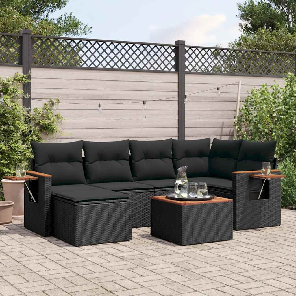 Salon de jardin 7 pcs avec coussins noir résine tressée