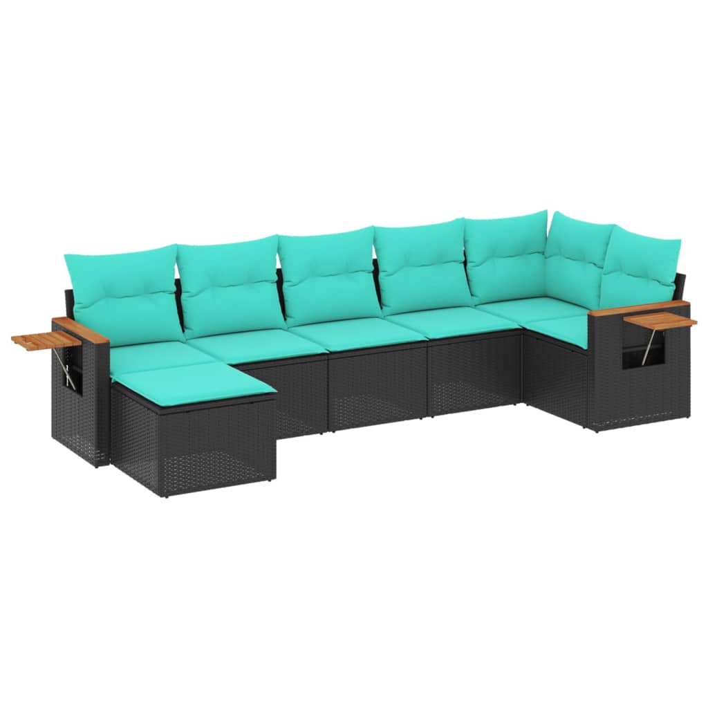 Salon de jardin 7 pcs avec coussins noir résine tressée