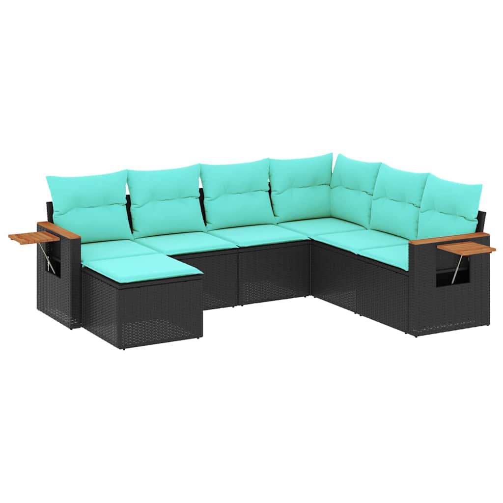 Salon de jardin 7 pcs avec coussins noir résine tressée