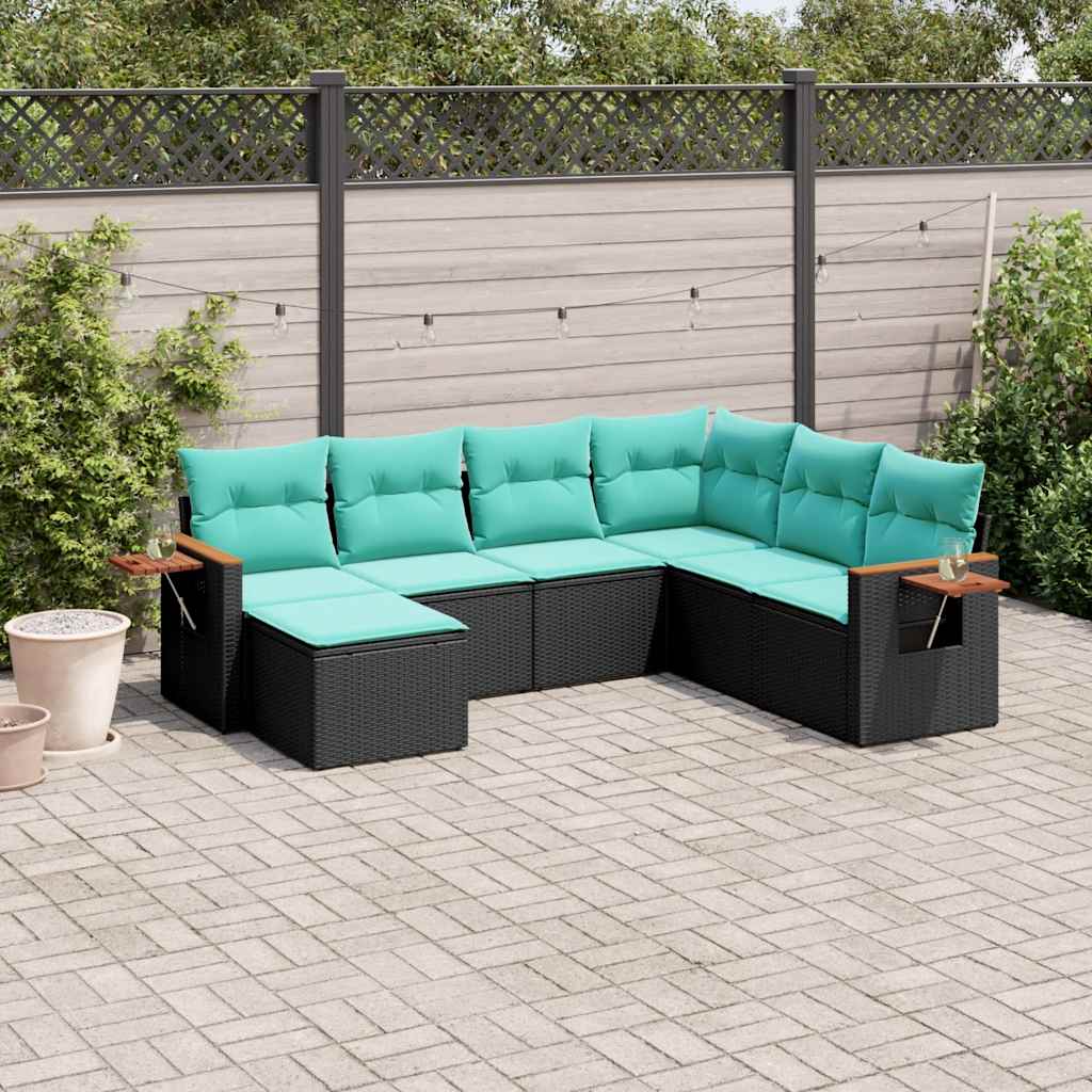 Salon de jardin 7 pcs avec coussins noir résine tressée