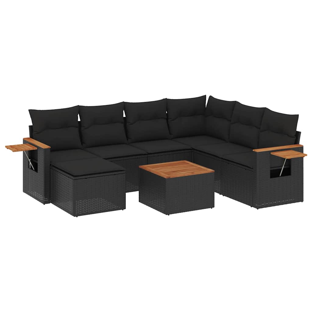 Salon de jardin 8 pcs avec coussins noir résine tressée