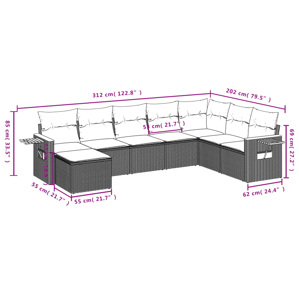 Salon de jardin 8 pcs avec coussins noir résine tressée
